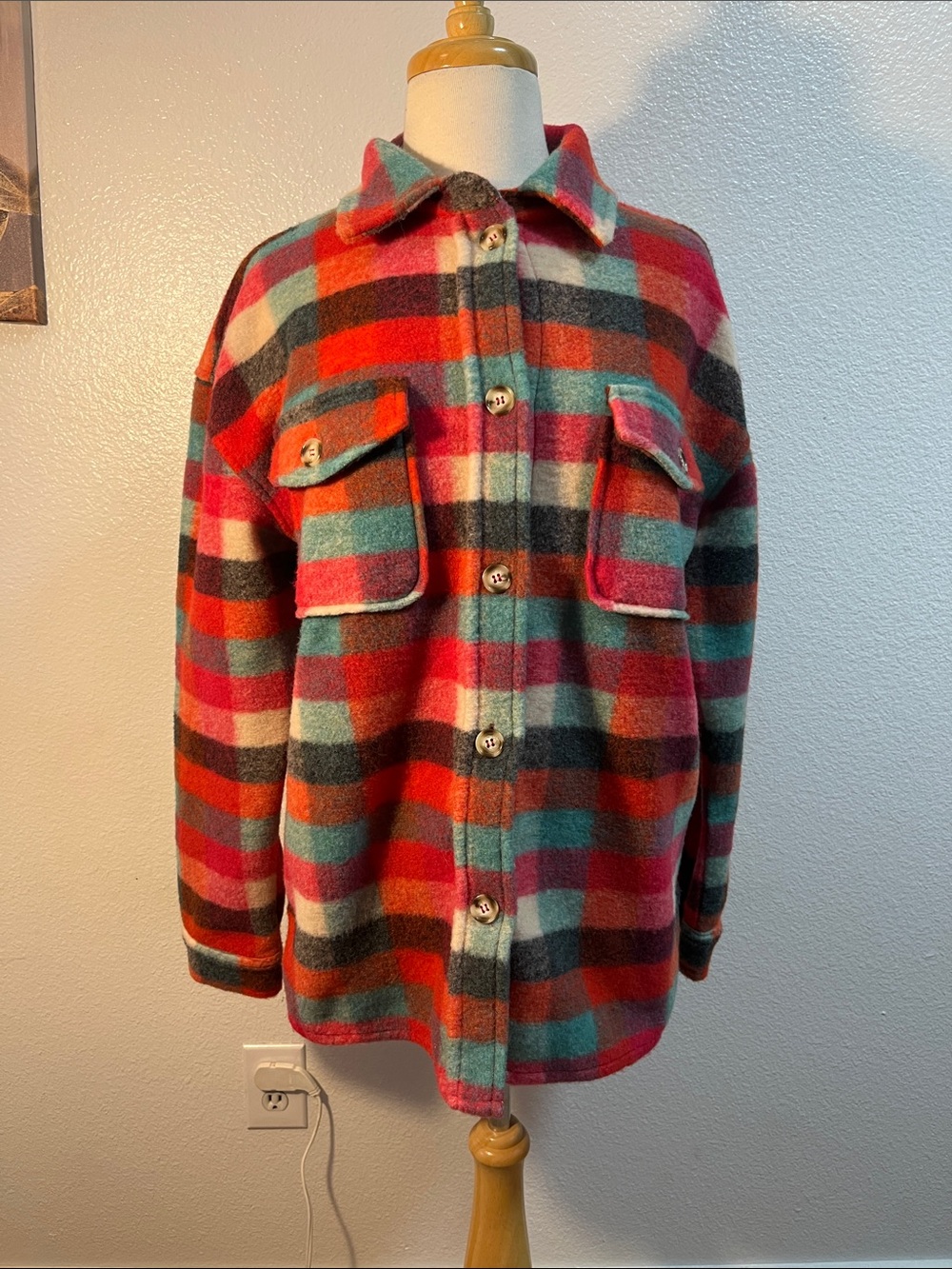BKE Plaid Knit Fleece Shacket Jacket NWOT Women’s Medium Colorful Plaid - Picture 2 of 10